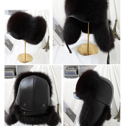 New Winter Men's 100% Real Silver Fox Fur Bomber Hat Raccoon Fur Ushanka Cap Trapper Russian Man Ski Hats Caps Real Leather