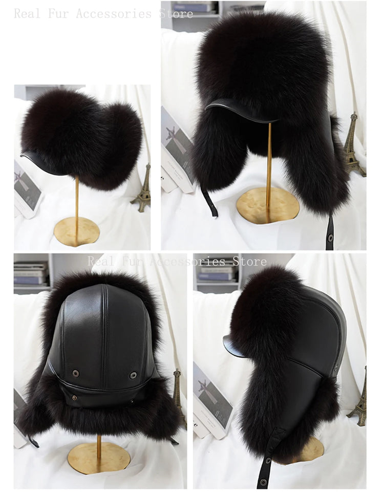 New Winter Men's 100% Real Silver Fox Fur Bomber Hat Raccoon Fur Ushanka Cap Trapper Russian Man Ski Hats Caps Real Leather