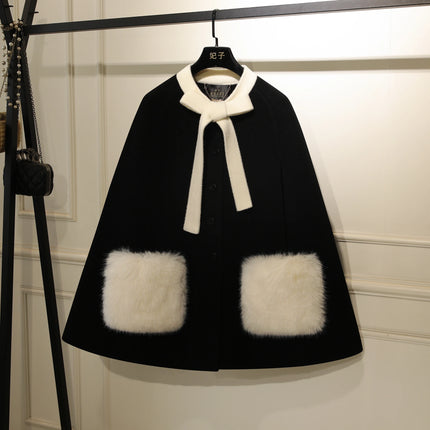 French Elegant Socialite Cape Jacket Plush Pocket Round Neck Bow Single-breasted Loose Versatile Woolen Cloak Coats Women Winter