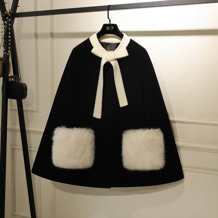 French Elegant Socialite Cape Jacket Plush Pocket Round Neck Bow Single-breasted Loose Versatile Woolen Cloak Coats Women Winter