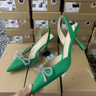 Décolleté blu Slingback da donna tacchi alti Crystal Bowknot Party Dress Shoes donna Sexy sandali con tacco a spillo a punta estate 2024