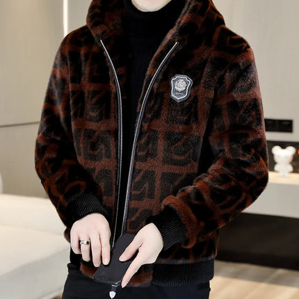 Autumn Winter Faux Fur Hooded Jacket Men Fashion Social Faux Mink Fur Casual Business Jacket Thick Warm Outdoor Windproof Coat