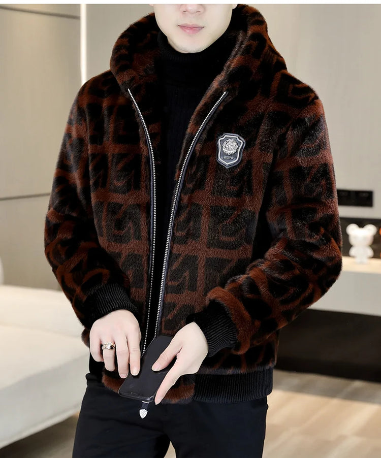 Autumn Winter Faux Fur Hooded Jacket Men Fashion Social Faux Mink Fur Casual Business Jacket Thick Warm Outdoor Windproof Coat