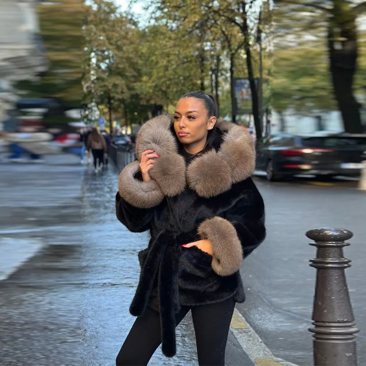 Casual Patchwork Faux Fur Collar Women's Coat Lace Up Pockets Thicken Lady Coats 2026 Autumn Winter Female Street Outerwear