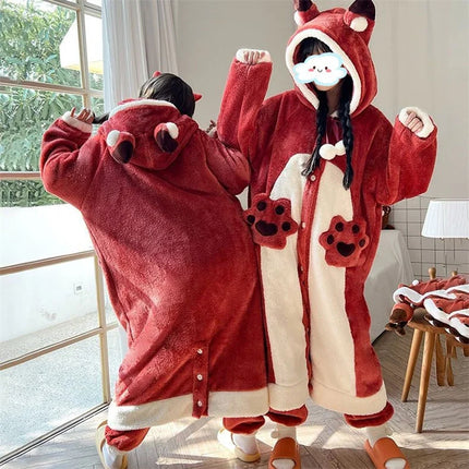 Cartoon Animal Fox Pajamas Women's Winter Coral Fleece Thickened One-Piece Plush Cute Long Hooded Plus Size Robe Home Wear