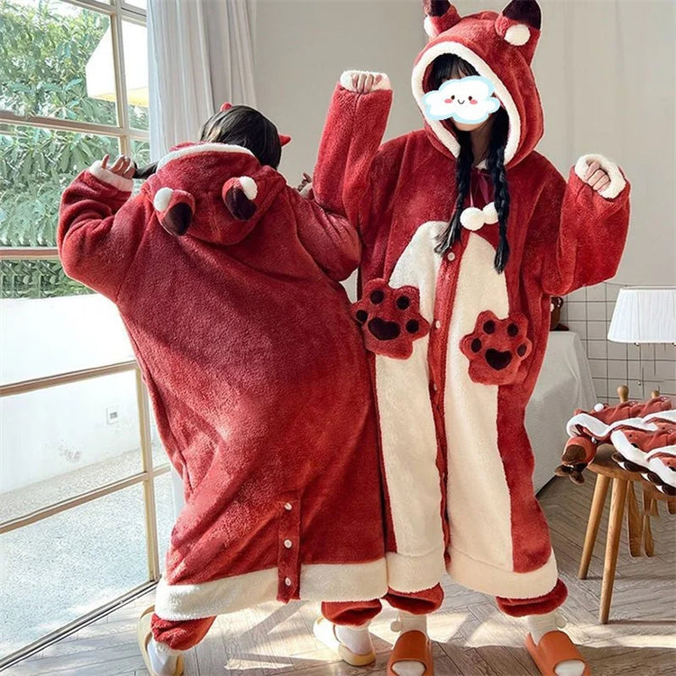 Cartoon Animal Fox Pajamas Women's Winter Coral Fleece Thickened One-Piece Plush Cute Long Hooded Plus Size Robe Home Wear