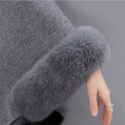 S-5XL Winter Warm Fashion Cloak Horn Buckle Woolen Poncho Capes Women Faux Rabbit Fur Dolman Sleeves Loose Long Cappa Coat