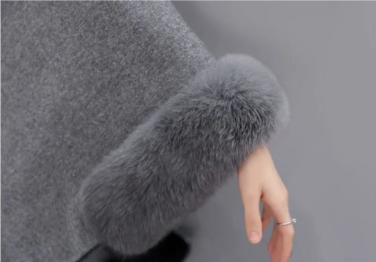 S-5XL Winter Warm Fashion Cloak Horn Buckle Woolen Poncho Capes Women Faux Rabbit Fur Dolman Sleeves Loose Long Cappa Coat