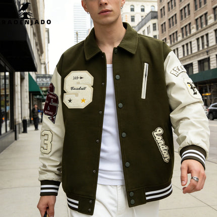 Men's Letterman Jacket Vintage Varsity Coat Patchwork Baseball Streetwear Outerwear with Faux Leather Sleeves & Fine Embroidery