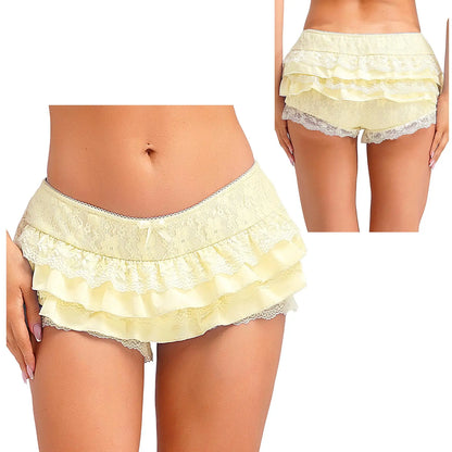 Women Cute Lolita Pumpkin Bloomers Y2K Sweet Layers Lace Ruffle Shorts Minipants Low Waist Tiered Hot Pants Frilly Pettipants