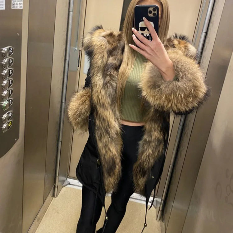 Maomaokong Natural Fur Lining Real Fur Coat Winter Jacket Women Raccoon Fur Collar Warm Thick Parkas Female Clothing
