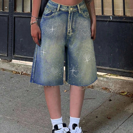 Shorts Female Jeans Women Jeans Denim Shorts Y2K Retro Slant Pocket Flared Hem Casual Wide Leg Summer PlatiNum