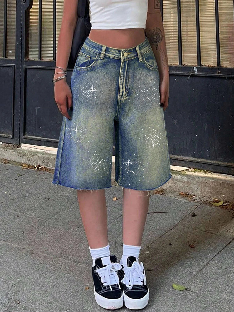 Shorts Female Jeans Women Jeans Denim Shorts Y2K Retro Slant Pocket Flared Hem Casual Wide Leg Summer PlatiNum