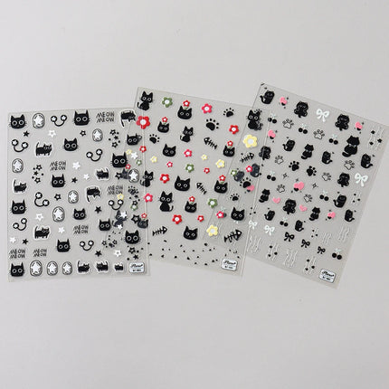 Cute Black Cat Nail Stickers Decals 5D Embossed Kawaii Cat Flowers Star Nail Art Decoration Cute Cartoon Sliders Summer Manicure
