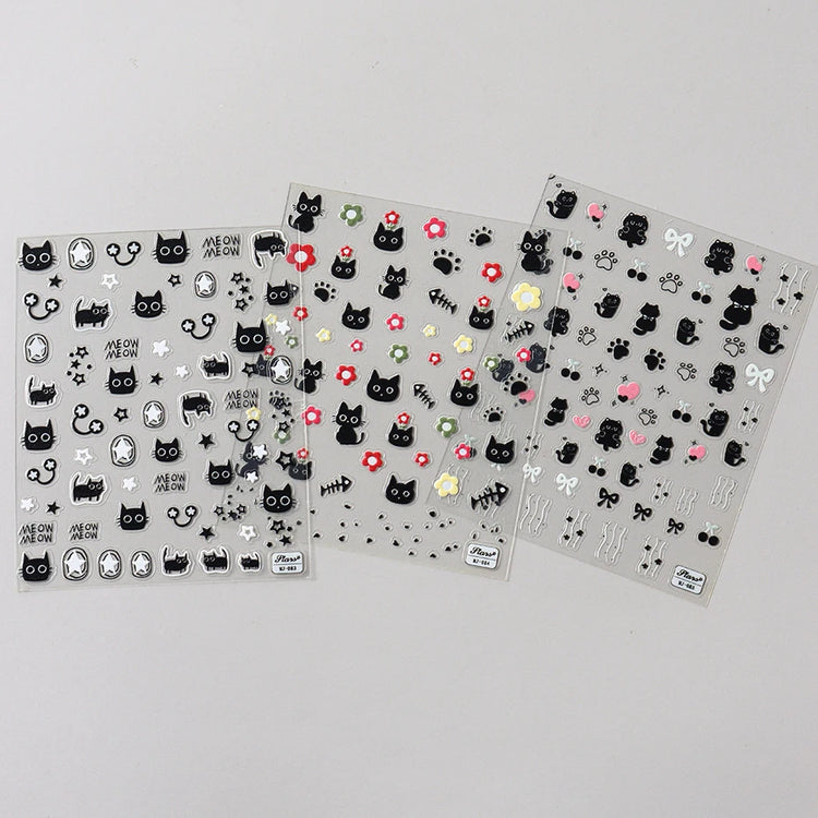 Cute Black Cat Nail Stickers Decals 5D Embossed Kawaii Cat Flowers Star Nail Art Decoration Cute Cartoon Sliders Summer Manicure