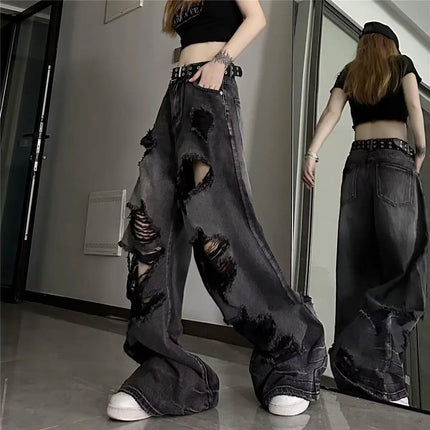 Jeans strappati unici e alla moda da donna, estivi, in stile americano, a zampa d'elefante, vestibilità ampia, versatili, a gamba dritta, lunghi