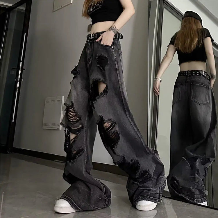 Jeans strappati unici e alla moda da donna, estivi, in stile americano, a zampa d'elefante, vestibilità ampia, versatili, a gamba dritta, lunghi