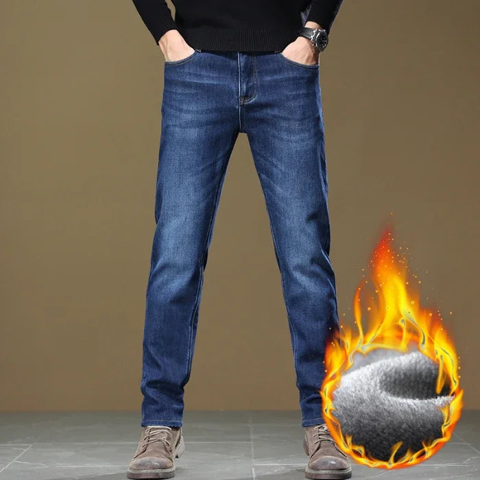 Autumn Winter Men Fleece Jeans Slight‑stretch Slim Straight Washed Thick Warm Denim Pants Luxury Outdoor Commute Casual Trousers