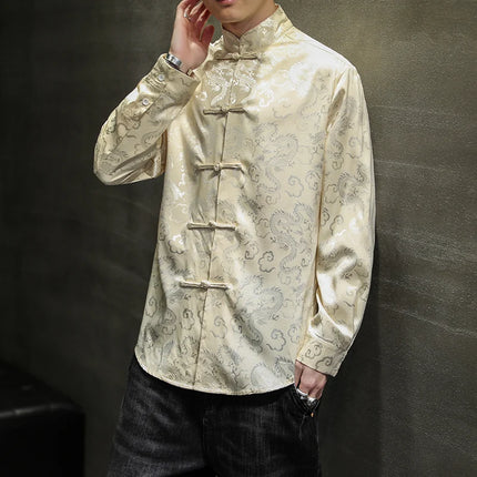 Giacca Tang di alta qualità da uomo camicetta con colletto alla coreana in argento elegante abbigliamento cinese rosso camicie Casual da uomo in raso di seta blu di grandi dimensioni