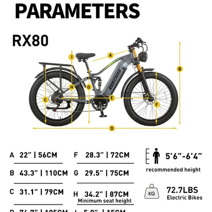 BURCHDA RX80 Bicicletta Elettrica da Montagna 1000W 50KM/H, Batteria al Litio 48V20AH, Pneumatici Fat 4.0 da 26 Pollici, E-Bike per Adulti