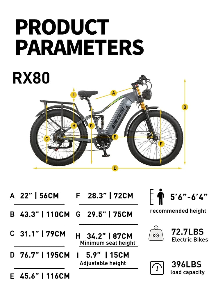BURCHDA RX80 Bicicletta Elettrica da Montagna 1000W 50KM/H, Batteria al Litio 48V20AH, Pneumatici Fat 4.0 da 26 Pollici, E-Bike per Adulti