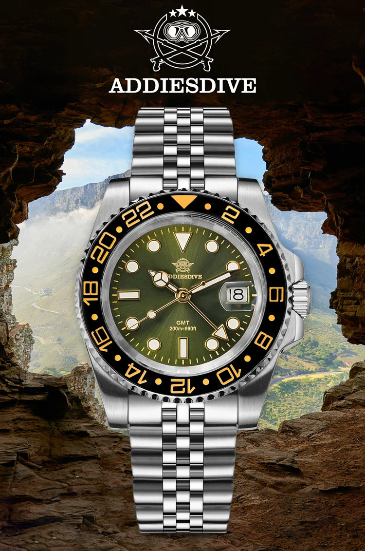 ADDIESDIVE 40mm GMT Watch Men Top Brand Quartz Wristwatch Luxury Ceramic Bezel 20Bar Diving Waterproof Luminous Watch AD2050