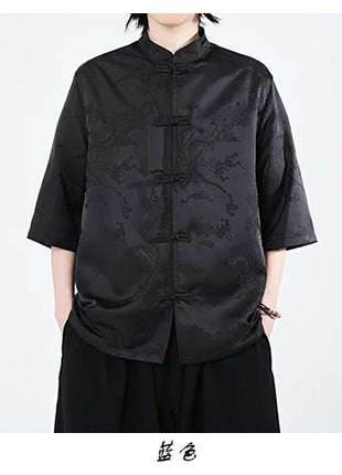 Camicie cinesi Camicia retrò in seta di ghiaccio con motivo floreale scuro Tradizionale Kung Fu Tai Chi Casual Loose Fit Top da uomo traspirante estivo