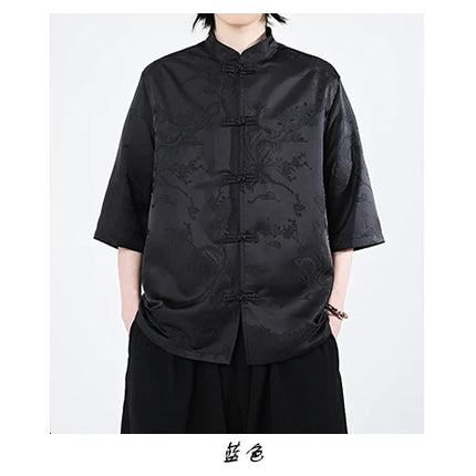 Camicie cinesi Camicia retrò in seta di ghiaccio con motivo floreale scuro Tradizionale Kung Fu Tai Chi Casual Loose Fit Top da uomo traspirante estivo