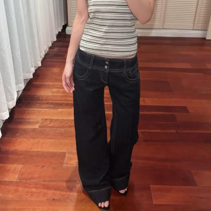 Jeans a gamba larga americani retrò a vita bassa da donna estate autunno pantaloni larghi drappeggiati alti lunghezza estesa pantaloni a gamba larga per ragazze calde