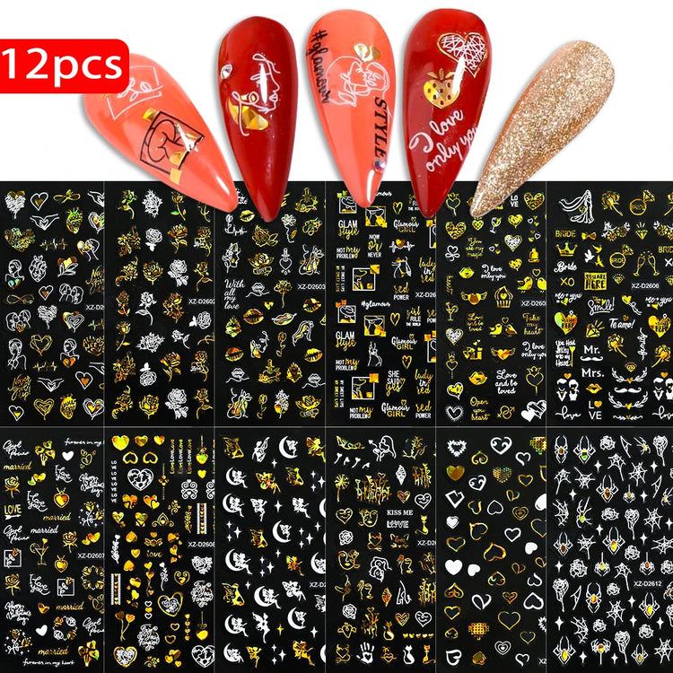 8pc 3D Mixed Color Heart Nail Stickers Valentines' Day Sweet Red Pink Love Selfadhesive Nail Decoration Decals Manicure 2027