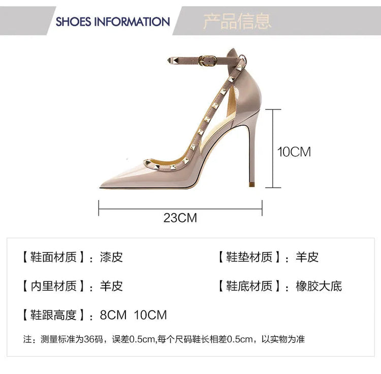 Sandali da donna primavera estate con rivetti Scarpe singole da donna con punta coperta e tacco alto Scarpe eleganti eleganti con cinturino alla caviglia platinumshop