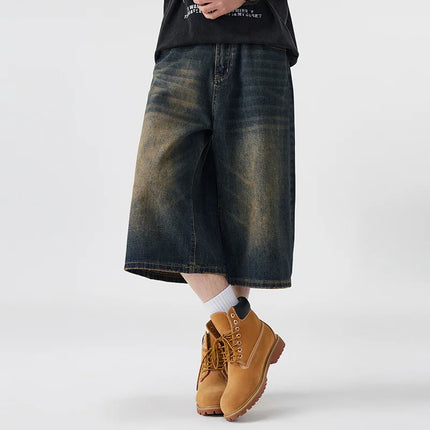 Pantaloncini Seven-Five in denim non elastico da uomo, vestibilità ampia, vestibilità ampia, versatile, stile semplice, casual