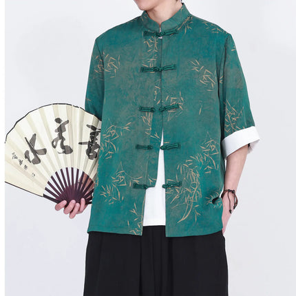 Camicie da uomo estive di lusso in jacquard con foglie di bambù, camicia a maniche corte da uomo in stile cinese tradizionale, camicia casual da uomo per Kung Fu e Tai Chi