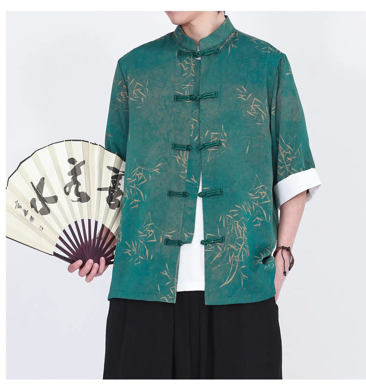 Camicie da uomo estive di lusso in jacquard con foglie di bambù, camicia a maniche corte da uomo in stile cinese tradizionale, camicia casual da uomo per Kung Fu e Tai Chi
