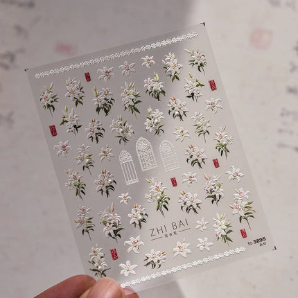 5D Kawaii Lily Nail Art Stickers 1pcs Japanese Pink White Flower With Diamond Self Adhesive Nail Decorations Slider Decals DIY