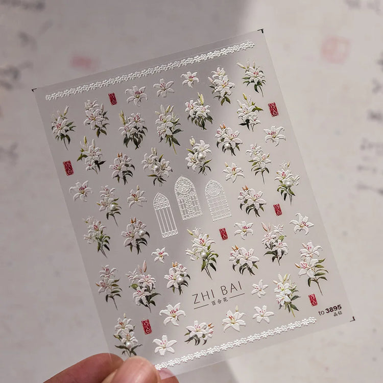 5D Kawaii Lily Nail Art Stickers 1pcs Japanese Pink White Flower With Diamond Self Adhesive Nail Decorations Slider Decals DIY