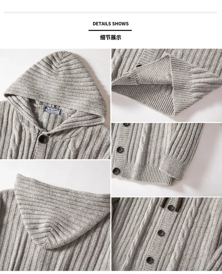 Men's Autumn/Winter Luxury Fashion Men's Knitted Sweater Sweater Pit Strip Long Sleeve Hooded Cardigan Top Coat
