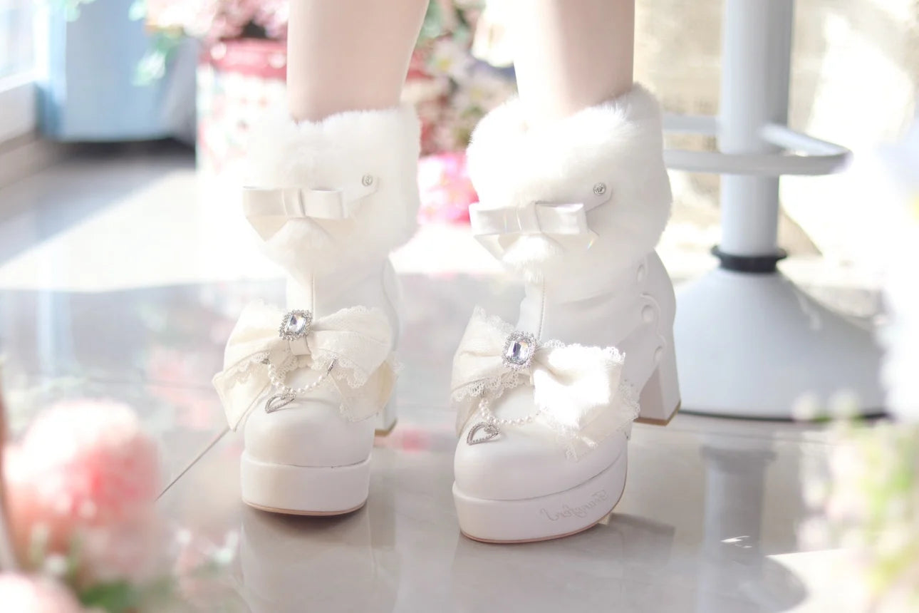 Original Japanese Sweet Cute Style Versatile Bow High Heel Boots Autumn Winter Mass-Produced Rhinestones Fur Short Boots