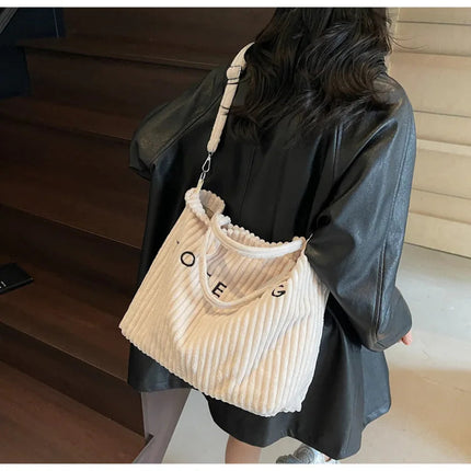 Large Capacity Striped Velvet Handbag Shoulder Bag for Woman Handbags Crossbody Bags, Versatile Letter Corduroy Women's Tote Bag PlatiNum