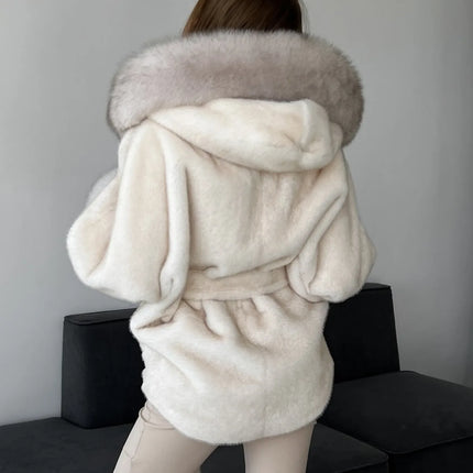 DFDG 2026 Women Hooded Faux Fur Coat Belted Waist Tie Big Fur Trim Collar Long Sleeve Outerwear Warm Luxury Overcoat Winter Fur