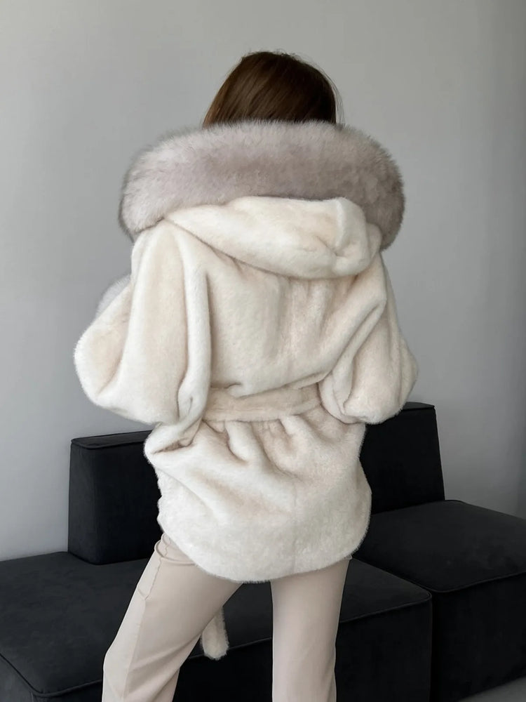 DFDG 2026 Women Hooded Faux Fur Coat Belted Waist Tie Big Fur Trim Collar Long Sleeve Outerwear Warm Luxury Overcoat Winter Fur