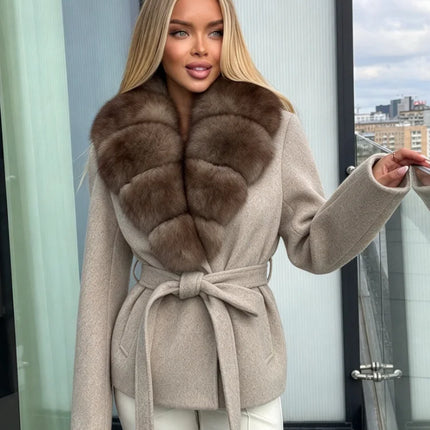 OFTBUY Women 100% Wool Short Coat Real Fox Fur Collar Woolen Jacket New Luxury Winter Natural Fur Clothes Warm Belted Outerwear