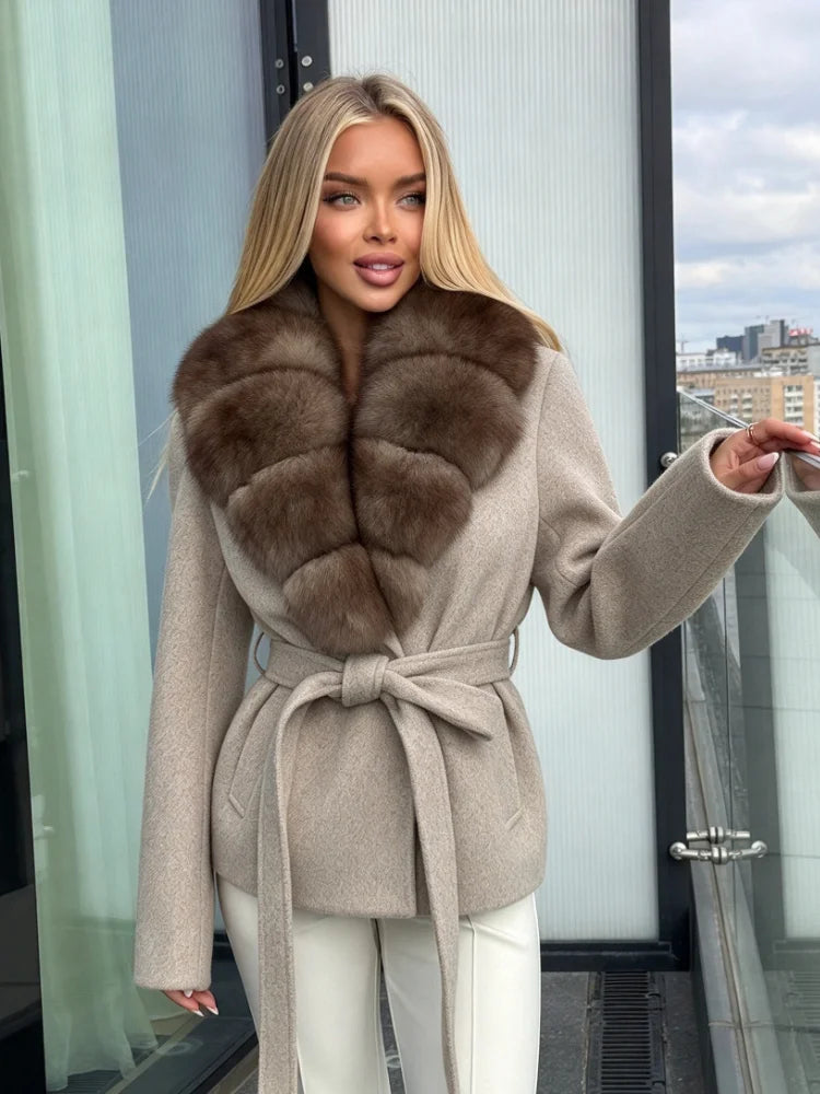 OFTBUY Women 100% Wool Short Coat Real Fox Fur Collar Woolen Jacket New Luxury Winter Natural Fur Clothes Warm Belted Outerwear