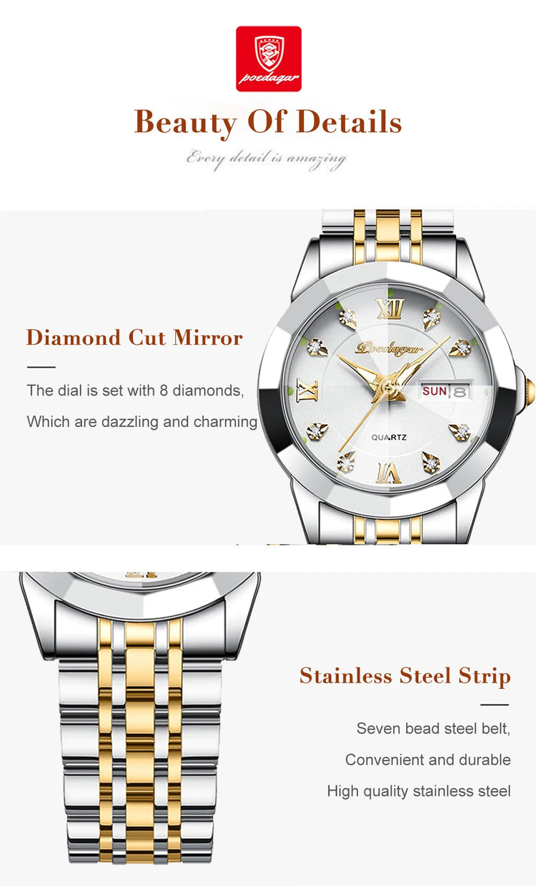POEDAGAR orologi da donna di marca di lusso impermeabile luminoso data settimana orologio al quarzo per donna orologio da donna di moda in acciaio inossidabile platinumshop