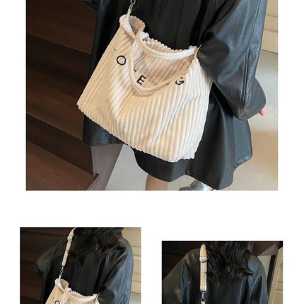 Large Capacity Striped Velvet Handbag Shoulder Bag for Woman Handbags Crossbody Bags, Versatile Letter Corduroy Women's Tote Bag PlatiNum