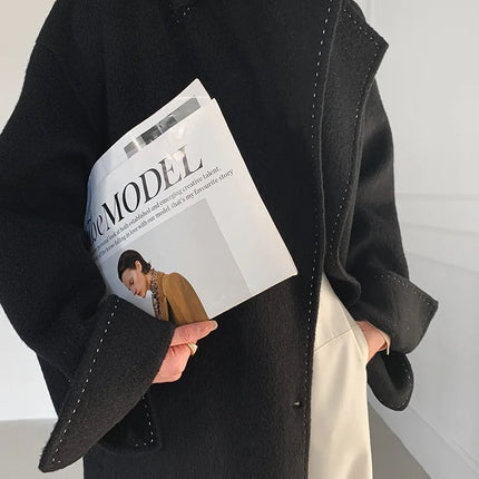 New Solid Korean Style Women Wool Coat Arch Needle Large Neck Versatile Fashion Texture Double Sided Trench Coats Female Winter