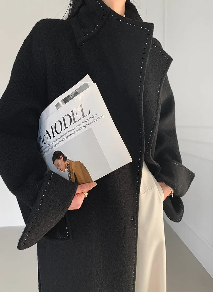 New Solid Korean Style Women Wool Coat Arch Needle Large Neck Versatile Fashion Texture Double Sided Trench Coats Female Winter