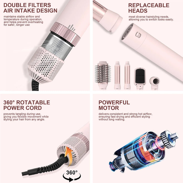 5in1 Hair Dryer Brush Curling Iron Hair Dryer Detachable Auto Wrap Curlers Fast Drying Electric Styling Hair Blower Brush