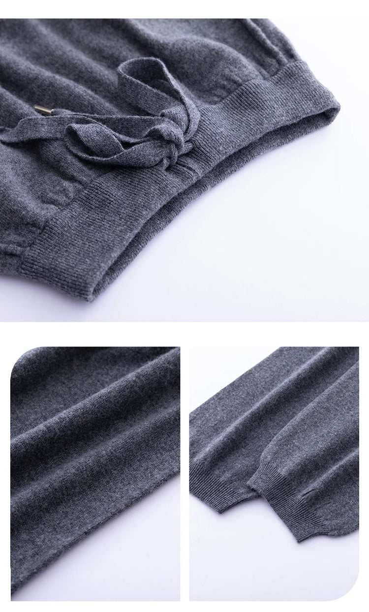 2024 Autumn And Winter New 100% Pure Wool Flat Small Foot Pants Women Loose High Waist Lean Knitted Cashmere Bunched Foot Pants PlatiNum