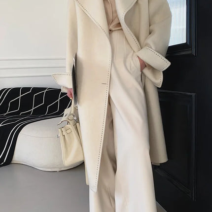 New Solid Korean Style Women Wool Coat Arch Needle Large Neck Versatile Fashion Texture Double Sided Trench Coats Female Winter